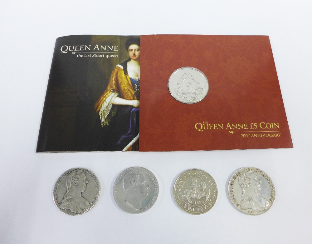 Coins to include two Maria Theresa Thalers, Queen Anne 300th anniversary £5 coin, reproduction