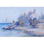 Scottish School, shore scene with figures, watercolour, signed indistinctly, in glazed giltwood