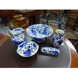 Spode blue and white toilet set comprising a basin, two jugs, rectangular jar and cover, bowl and