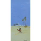 F Varley, Camel and Desert Scene, Gouache, signed and framed, 10 x 20cm
