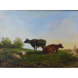 British School, Cows and Sheep, oil on canvas, apparently unsigned, in a faux giltwood frame, 24 x