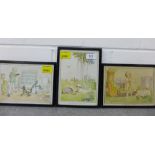 Three Winnie The Pooh coloured prints, framed, largest 20 x 15cm