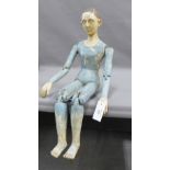 French blue painted wooden figure / mannequin, with white painted face and dark hair, with