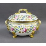 Bloor Derby porcelain tureen and cover, with gilded handles, allover handpainted rose pattern, on