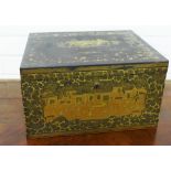 19th century Chinese Export black lacquer box with handles to side, the hinged lid lifting to reveal