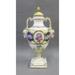 Dresden porcelain urn vase and cover with rams head mask handles to side, with handpainted