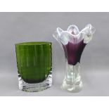 Bohemian glass vase together with a green art glass vase with ribbed design, tallest 28cm (2)