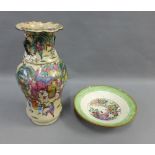 Japanese earthenware Warrior pattern vase and a Satsuma plate with figures painted to the