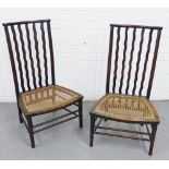 A pair of Arts & Crafts stained beech side chairs with canework seats (one seat a/f) 86 x 50cm (2)