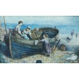 Women and children in a fishing boat, painted on a faux ivory plaque, in a faux rosewood frame, 13 x