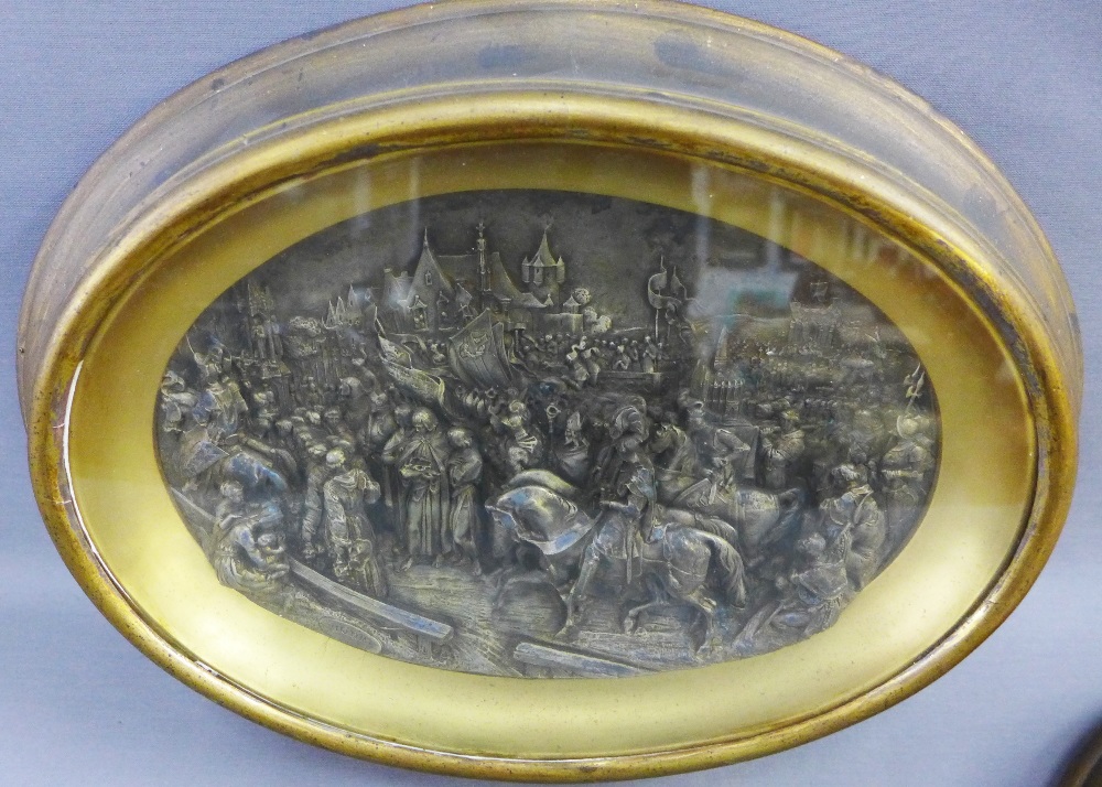 Pair of Justin Battle Scene metal plaques, each contained within a giltwood glazed showcase / frame, - Image 2 of 3