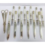 Set of six mother of pearl an Epns fruit knives and forks and a set of Epns grape scissors (13)