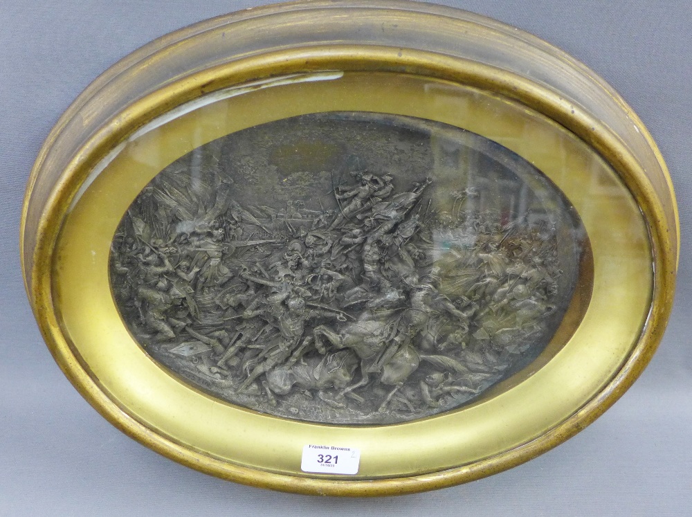 Pair of Justin Battle Scene metal plaques, each contained within a giltwood glazed showcase / frame, - Image 3 of 3