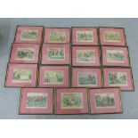 Set of fifteen 19th century coloured engraved prints, in glazed Hogarth frames, 17 x 12cm (15)