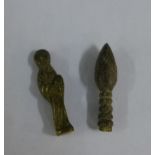 Two Medieval bronze finials, one figural the other in the form of a spear head, longest 2cm (2)