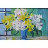 Violet M Kay, RSW (Scottish 1914 - 1971) Daffodils and spring flowers in a vase, Oil on board,