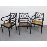 Set of three Regency ebonised and parcel gilt open armchairs, (one a/f) 86 x 54cm (3)