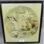 Late 19th / early 20th century silk needlework panel with chickens and other birds, contained within