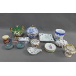 Quantity of porcelain trinkets to include a jar, box, cups, vase etc (a lot)