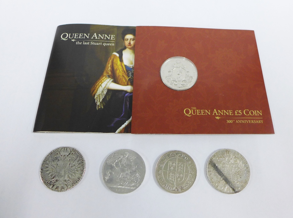 Coins to include two Maria Theresa Thalers, Queen Anne 300th anniversary £5 coin, reproduction - Image 2 of 2