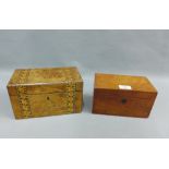 Walnut and Tunbridge inlaid caddy together with a mahogany tea caddy box containing a set of vintage