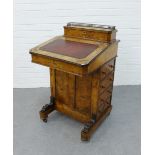 19th century walnut and marquetry Davenport, with a brass gallery, red skivver to the sloped top and