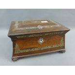 Rosewood and mother of pearl / abalone inlaid box of sarcophagus shape, with hinged lid and void