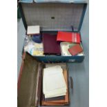 Two vintage cases containing a collection of stamps, and a tin with pre decimal coins, etc (a lot)