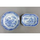 Chinese 18th century octagonal blue and white plate in Willow pattern together with a Chinese blue