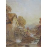 19th century British School, A watermill and fisherman, Watercolour, apparently unsigned, in a