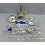 Large collection of Epns wares to include a toast rack, condiments, ladle, spoons, etc, a brass ewer