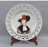 Continental porcelain plate painted with a Gainsborough style lady, with reticulated rim, numbered