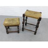 Two dark wood stools, one with woven seat, tallest 50cm (2)