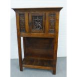 Stained country wood side cabinet, the rectangular top over a pair of carved cupboard doors above