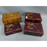 Mahogany and inlaid sewing box and a Japanese red lacquered sewing box (2)