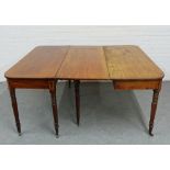 Pair of 19th century mahogany and inlaid d end tables, on ring turned legs with brass caps and