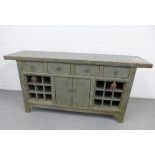 Grey painted chinoiserie cabinet, the rectangular top over four short drawers, above a pair of