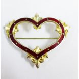 Silver gilt and red enamel heart shaped Luckenbooth brooch, stamped Sterling R.D. 1902, 7cm