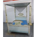 Four poster bed, Artist painted with birds, flowers, butterflies and foliage, complete with base,