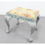 Grey and blue floral painted wooden stool with upholstered top and cabriole legs with claw and