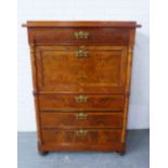 Mahogany and burrwood secretaire chest, the rectangular top over a long carved drawer above a fall