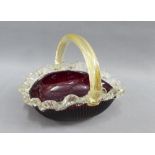 Murano glass basket with gold aventurine handle, 19cm long