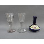 Pair of cordial glasses and a miniature Japanese Satsuma style vase, tallest 12cm (3)