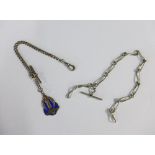 Two silver pocket watch chains, one with an enamel Glasgow fob, (2)