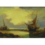 Moored boats on the shores edge, Oil on canvas, apparently unsigned, in gilt wood frame, (a/f) 52