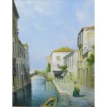 Contemporary School, Venetian Street Scene with Canal, Acrylic on Canvas, in an ornate giltwood