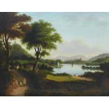 River and landscape scene with figures, Oil on canvas, apparently unsigned, in a giltwood frame,