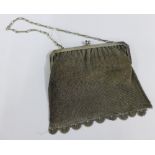 White metal mesh chain purse with blue cabouchon, stamped Alpacca