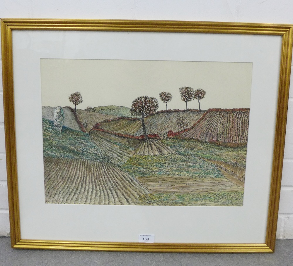 Edward H Chiswall, Ink sketch / drawing of ploughed fields, signed and dated '77, in a glazed frame, - Image 2 of 2
