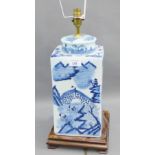 Large blue and white Chinese style square table lamp on a wooden base, height excluding fitting